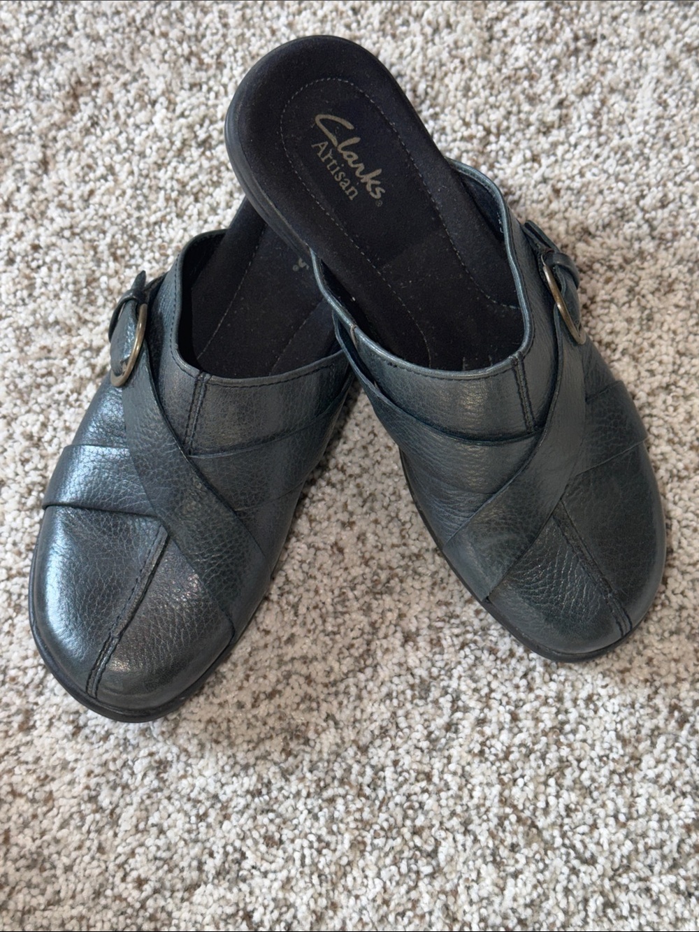 Clarks Artisan Women's Black Leather Slip-On Mules with Buckle